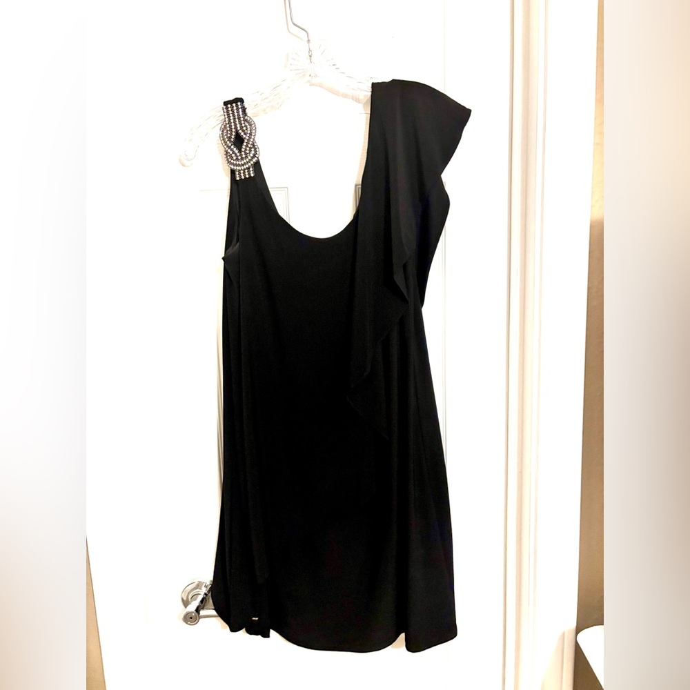 Betsy & Adam Black One-Shoulder Dress with Silver Accents